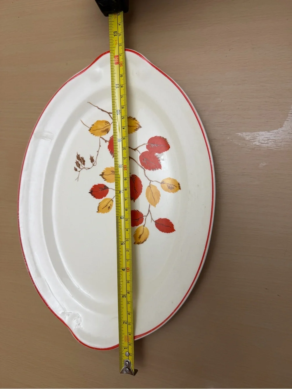 White Ceramic Serving Platter with Red and Yellow Leaf Design